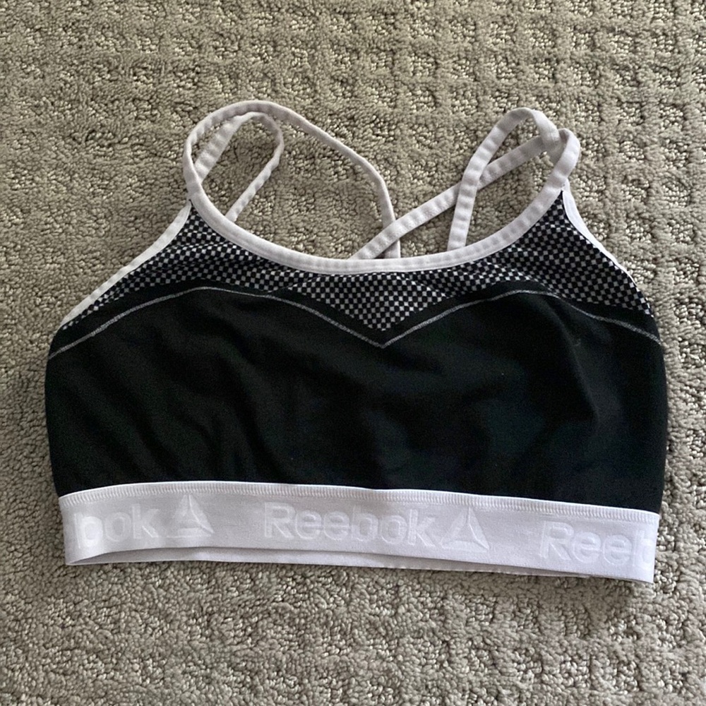 reebok black and white sports bra